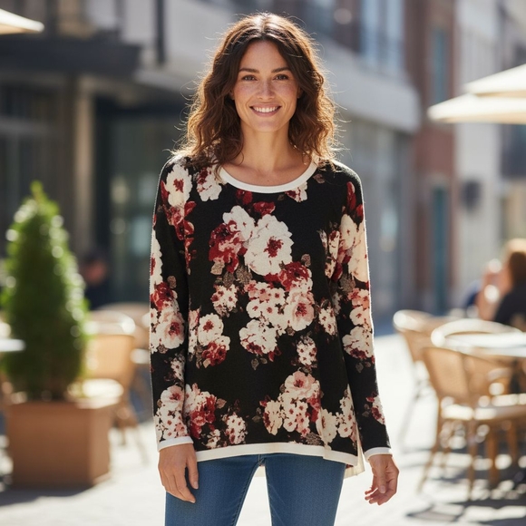 Sanctuary -NWOT Hunter Green Sweater W/Floral Print, Long Sleeves, Round Neck, - Picture 1 of 10